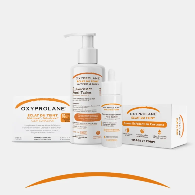 routine oxyprolane éclat du teint - complément, savon, sérum, lait